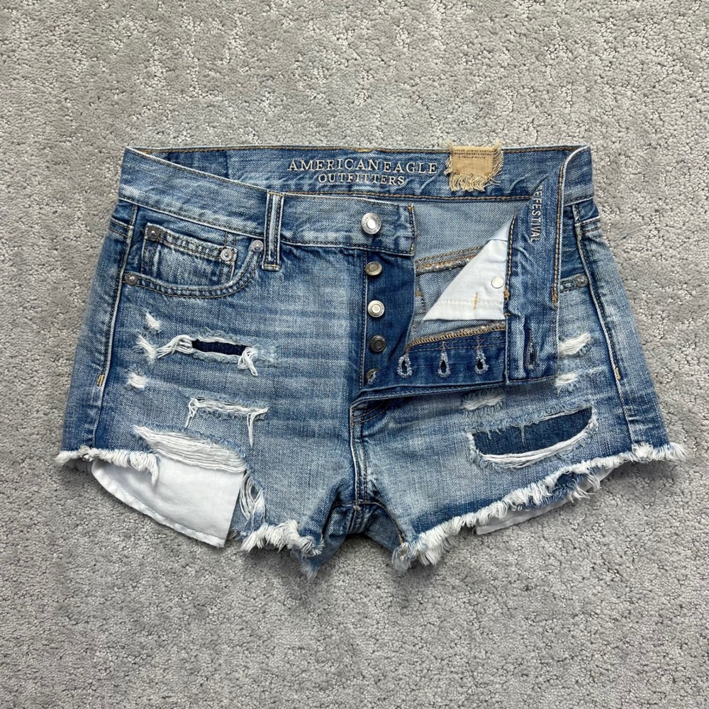 American Eagle Vintage Hi-Rise Festival Denim Shorts Size 2 Blue Jean Button Fly